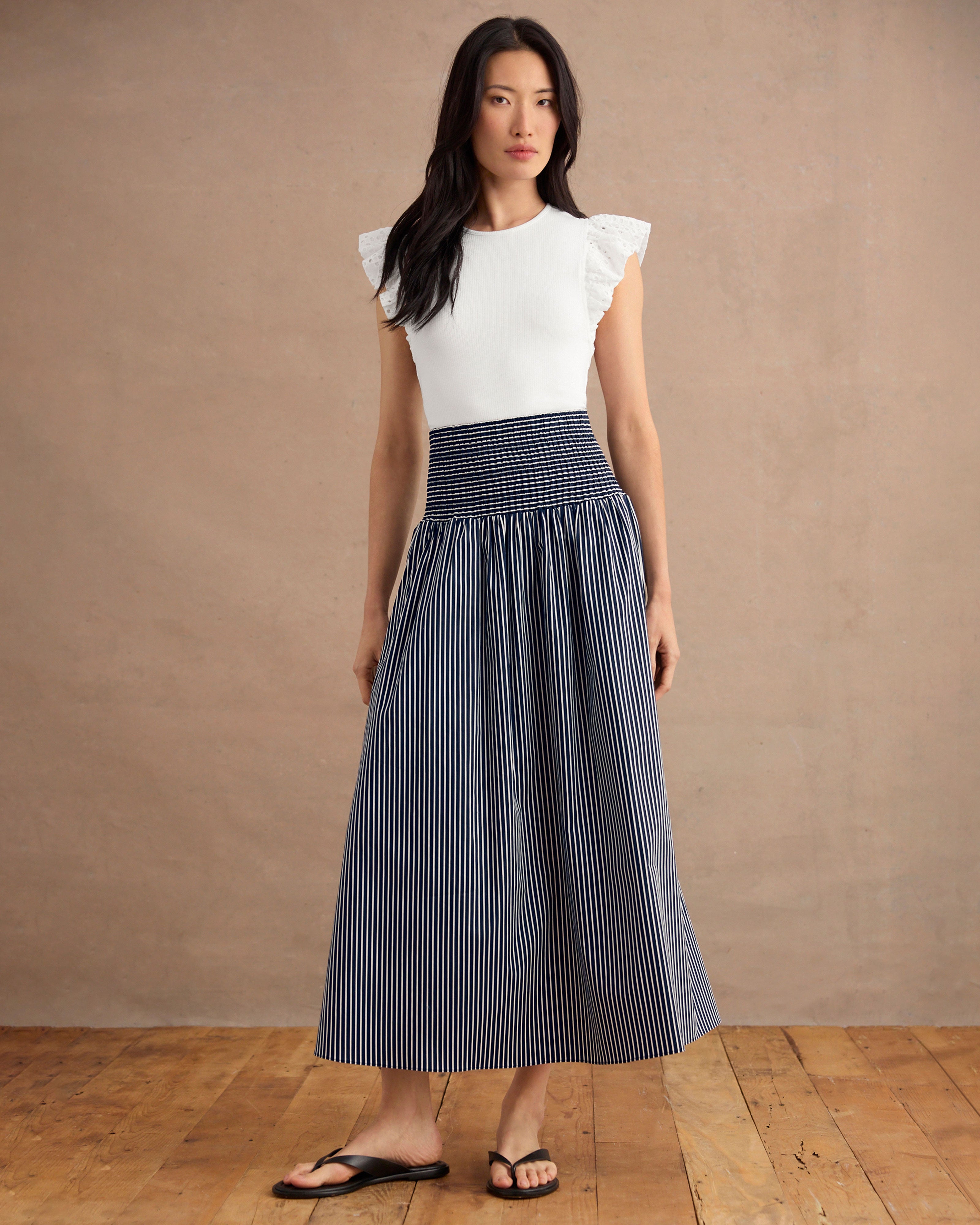 【R】EVERYDAY I LIKE.　23ss Cu/R Maxi SK Navy and White Striped Maxi Skirt | Scooter Skirt – Cabi Clothing