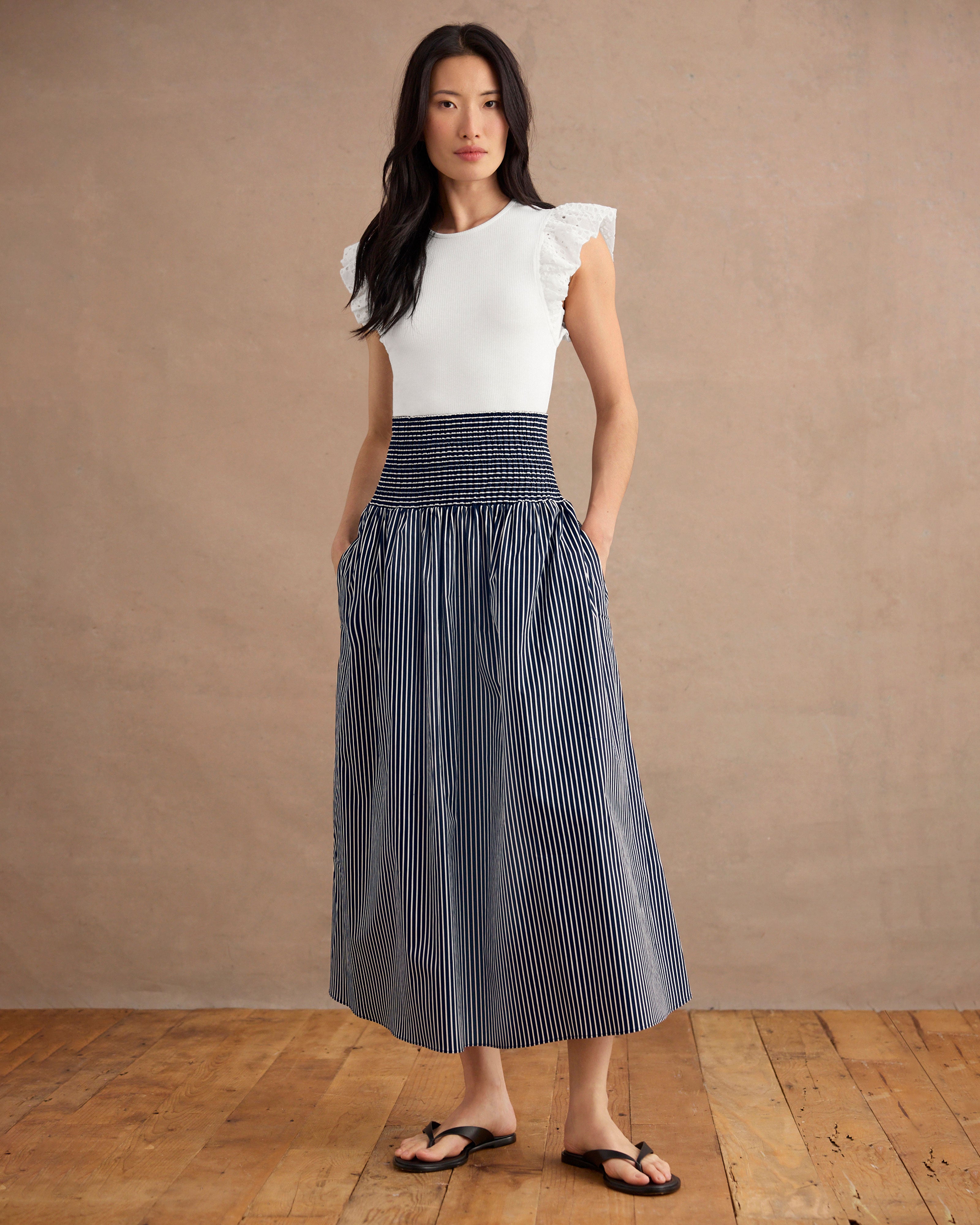 Navy and White Striped Maxi Skirt | Scooter Skirt – Cabi Clothing