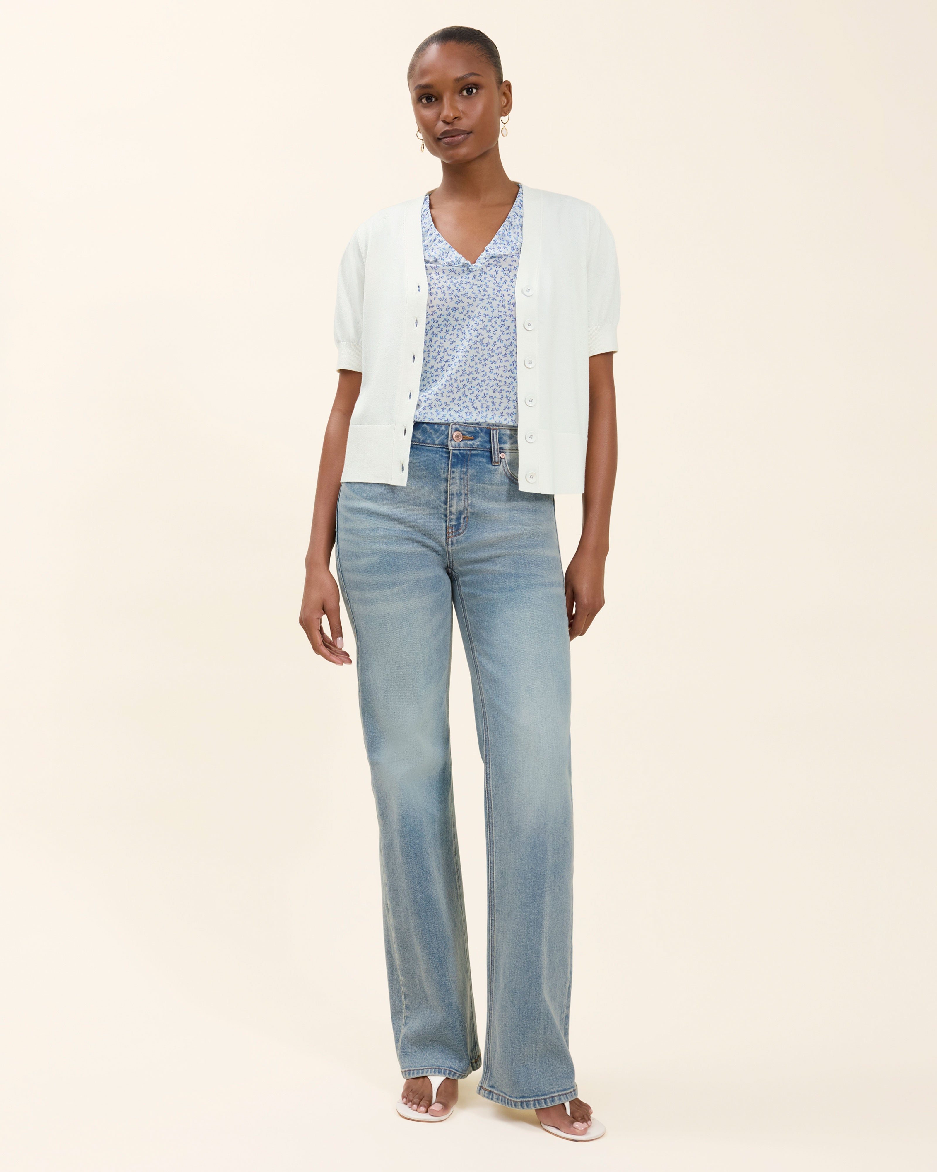 pois compact rib cardigan ホワイト Caprice Women's White Short Sleeve Cardigan | Caprice Cardigan