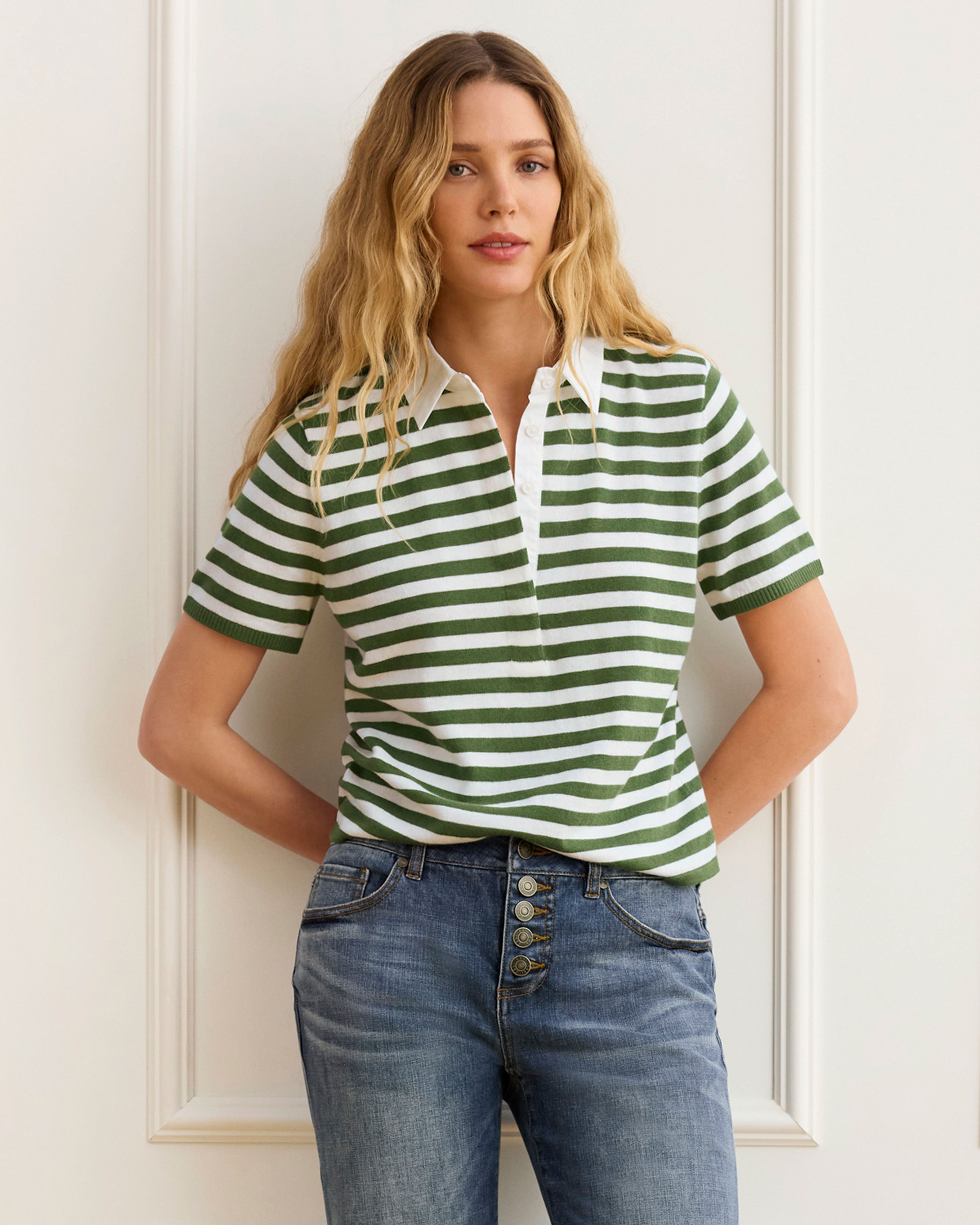 Olive Green and White Stripe Sweater | Polo Pullover | Cabi – Cabi