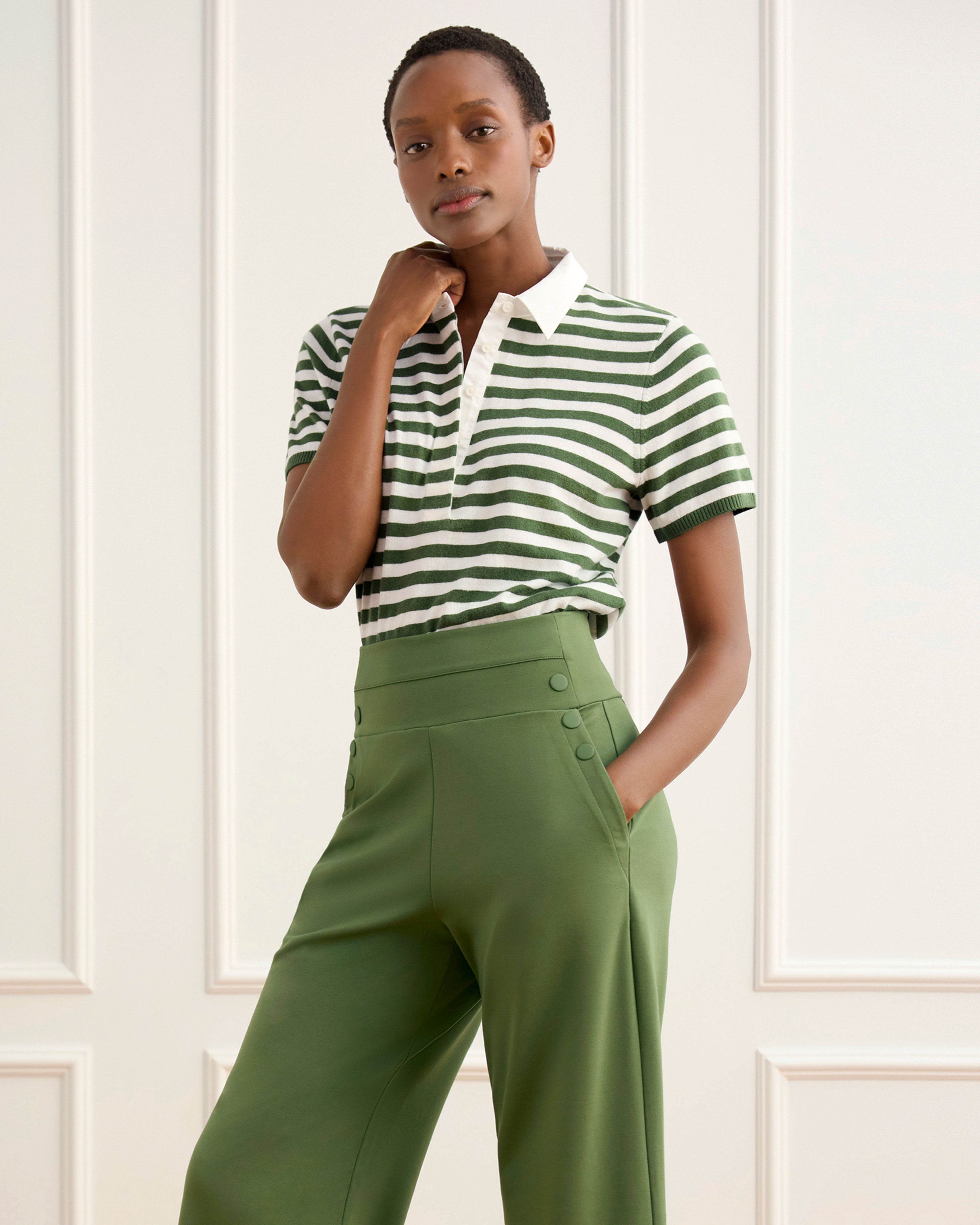 Olive Green and White Stripe Sweater | Polo Pullover | Cabi – Cabi