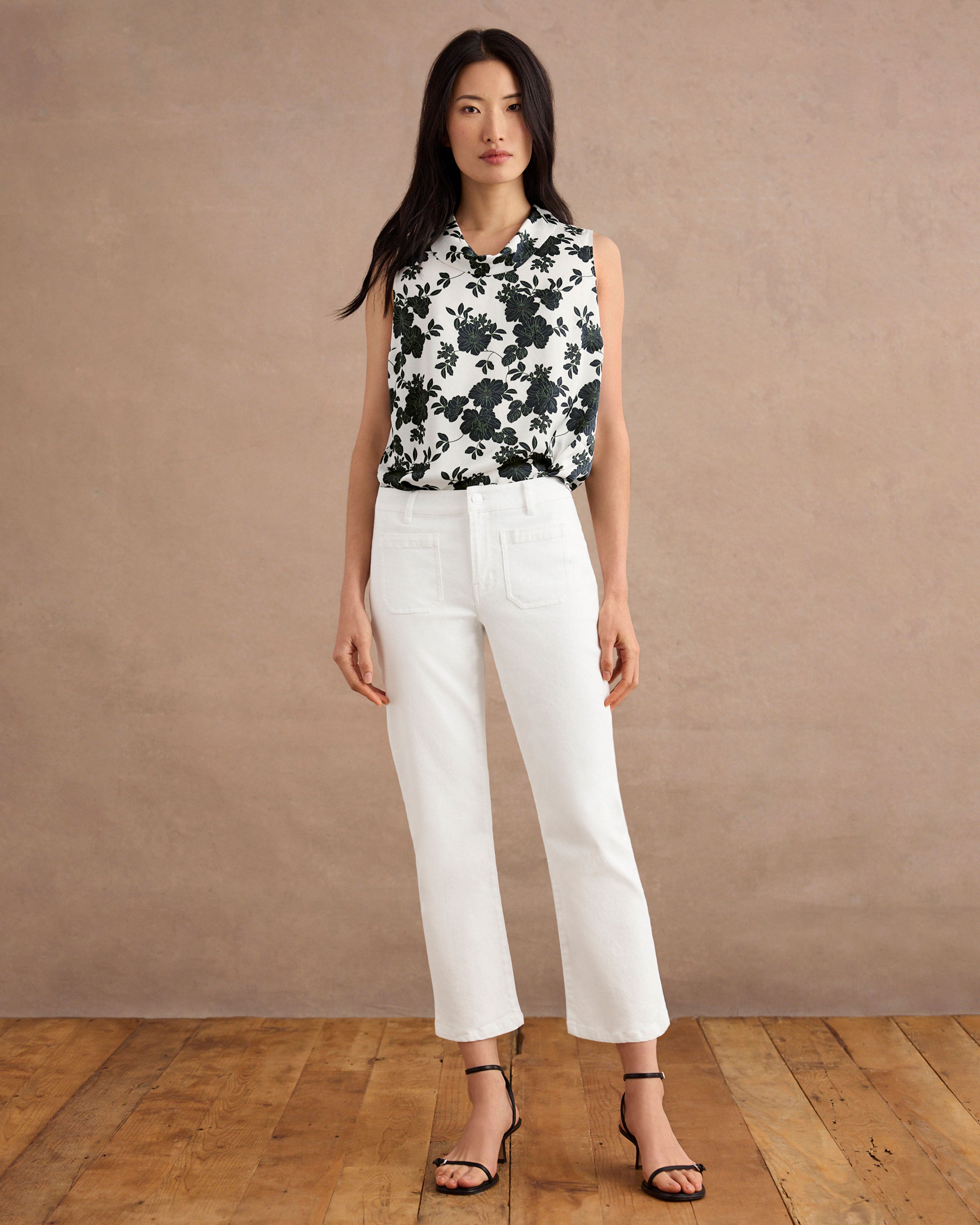 Women's Sleeveless White and Black Floral Top | BIjou Top | Cabi