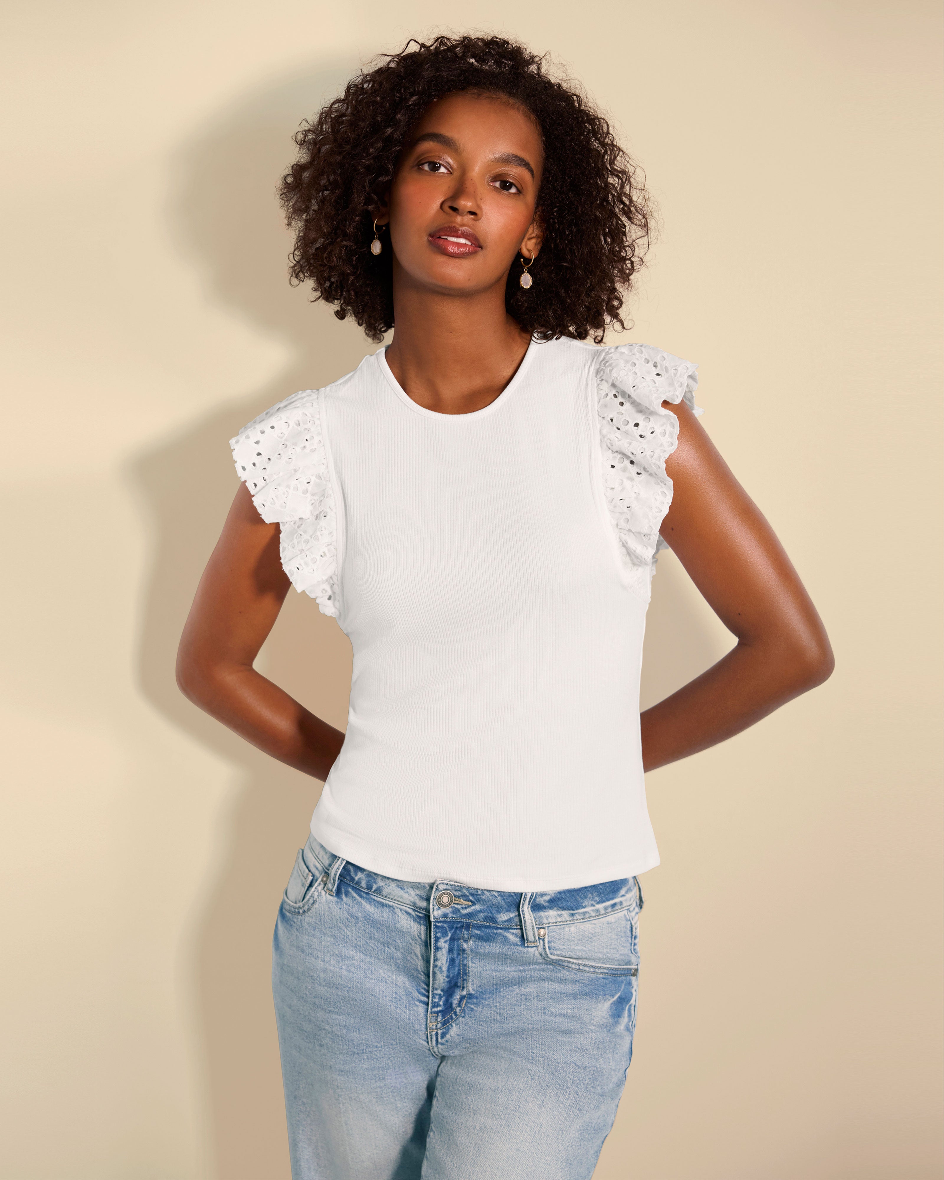 Women's White Flutter Sleeve Top | Frill Tee | Cabi – Cabi Clothing