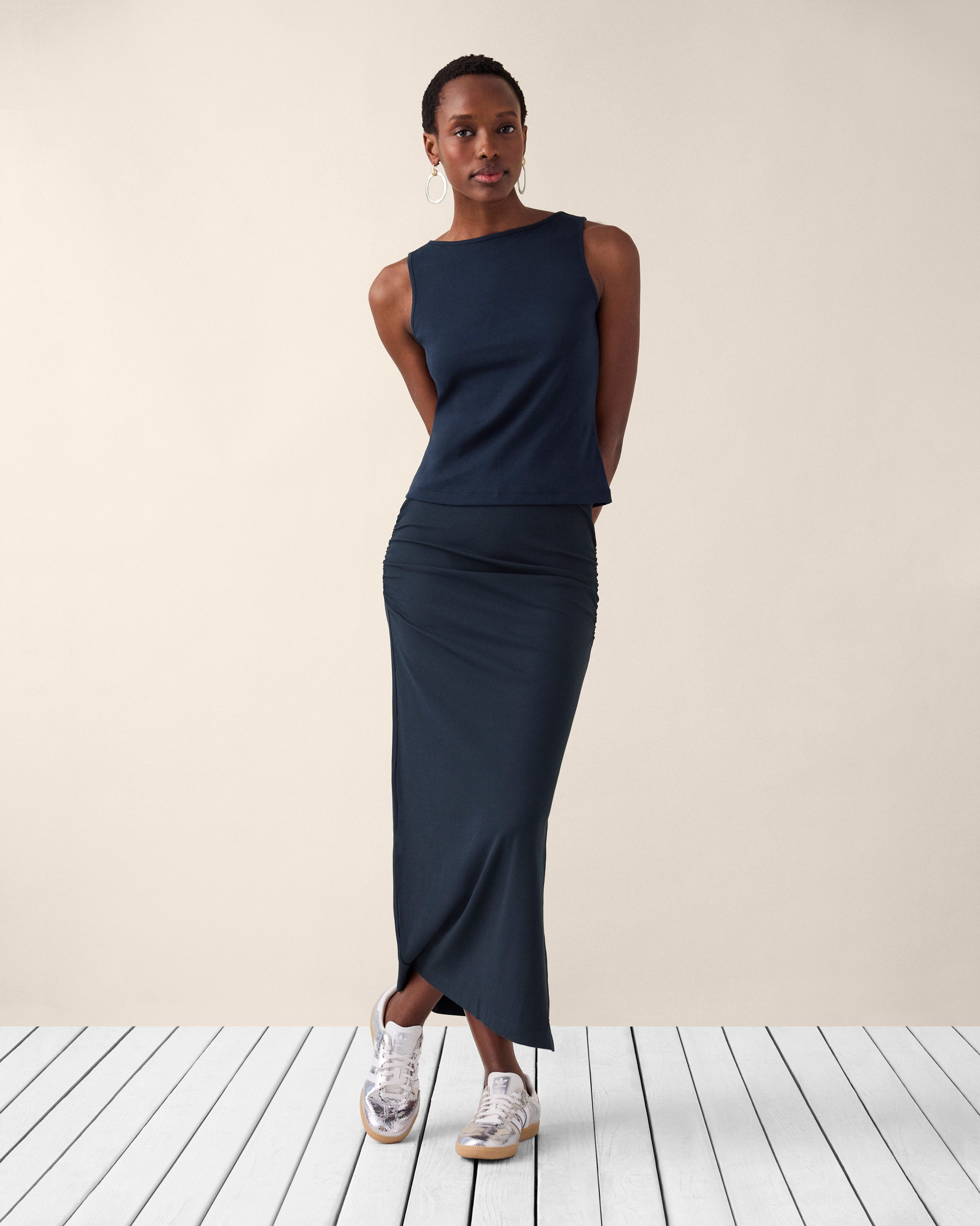 navy blue dress skirt Navy Blue Cotton Flax Pleated Knee Length Skirt Custom Size (Free) / Petite (5'1" and below)