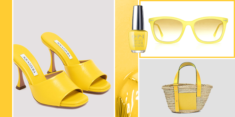 Various yellow accessories to add to the yellow color guide including nail polish, handbags, sunnies and heels.
