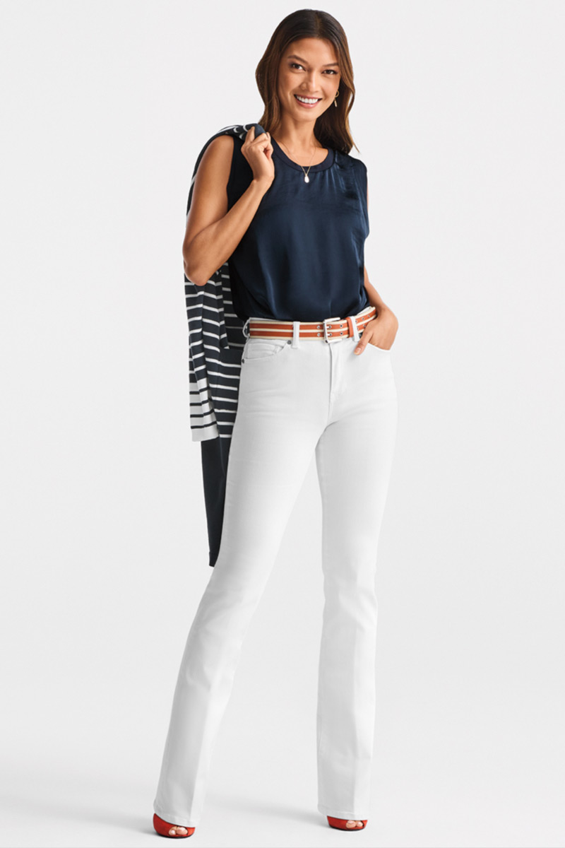 Model wearing Lagoon Necklace in Gold, Lagoon Earrings in Gold, Utility Belt in Multi, Boathouse Cardigan in Classic Navy and White Stripe, 5th Ave Jean in White, Complete Top in Classic Navy