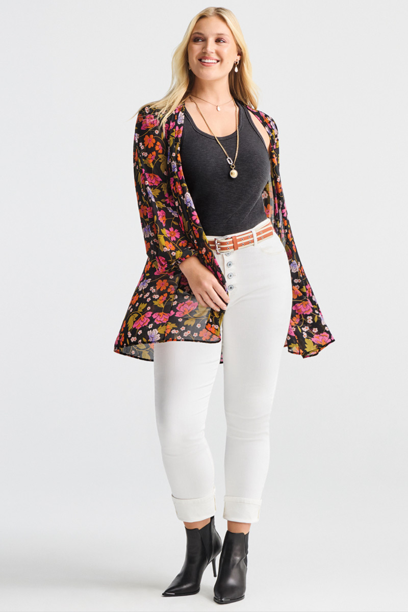 Model wearing Lagoon Necklace in Gold, Lagoon Earrings in Gold, Timepiece Necklace in Silver and Gold, Utility Belt in Multi, Button Fly Straight in White, Mingle Kimono in Folklore Floral, Paragan Tank in Black