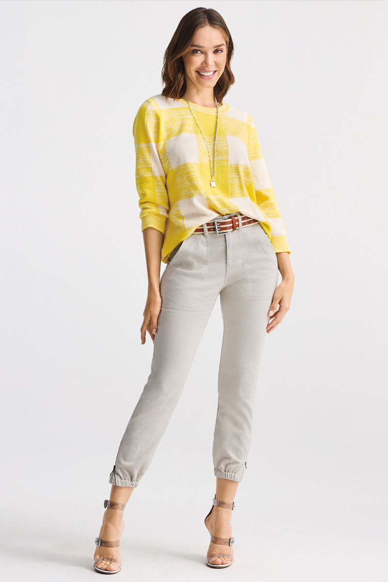 Model wearing Lock-It Necklace in Silver, Utility Belt in Multi, Compass Pant in Oyster, Checkerboard Pullover in Citron and White