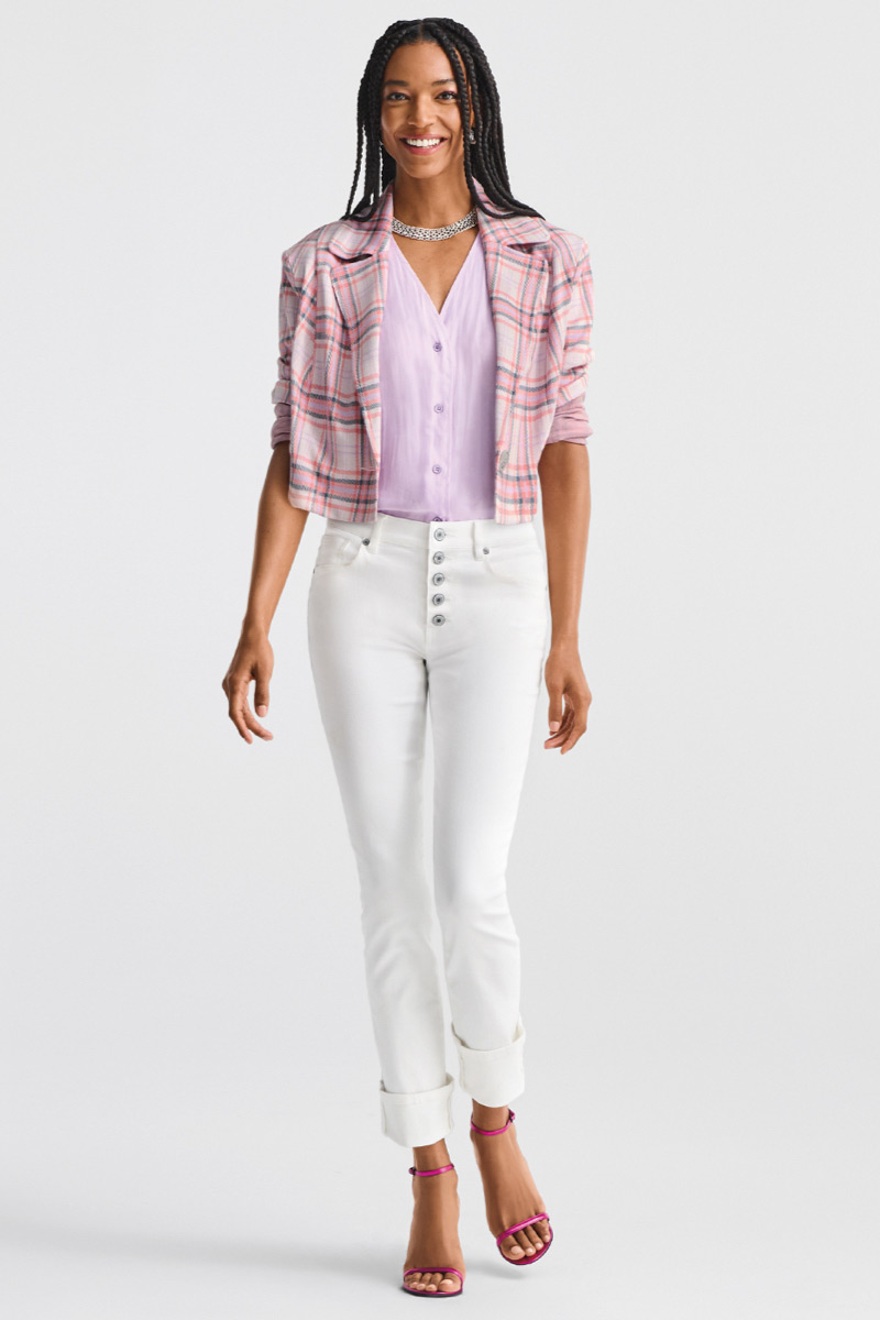 Model wearing Collar Hoop Earrings in Silver, Collar Necklace in Silver, Button Fly Straight in White, Playdate Jacket in Plaid Cheer, Bouquet Top in Lilac