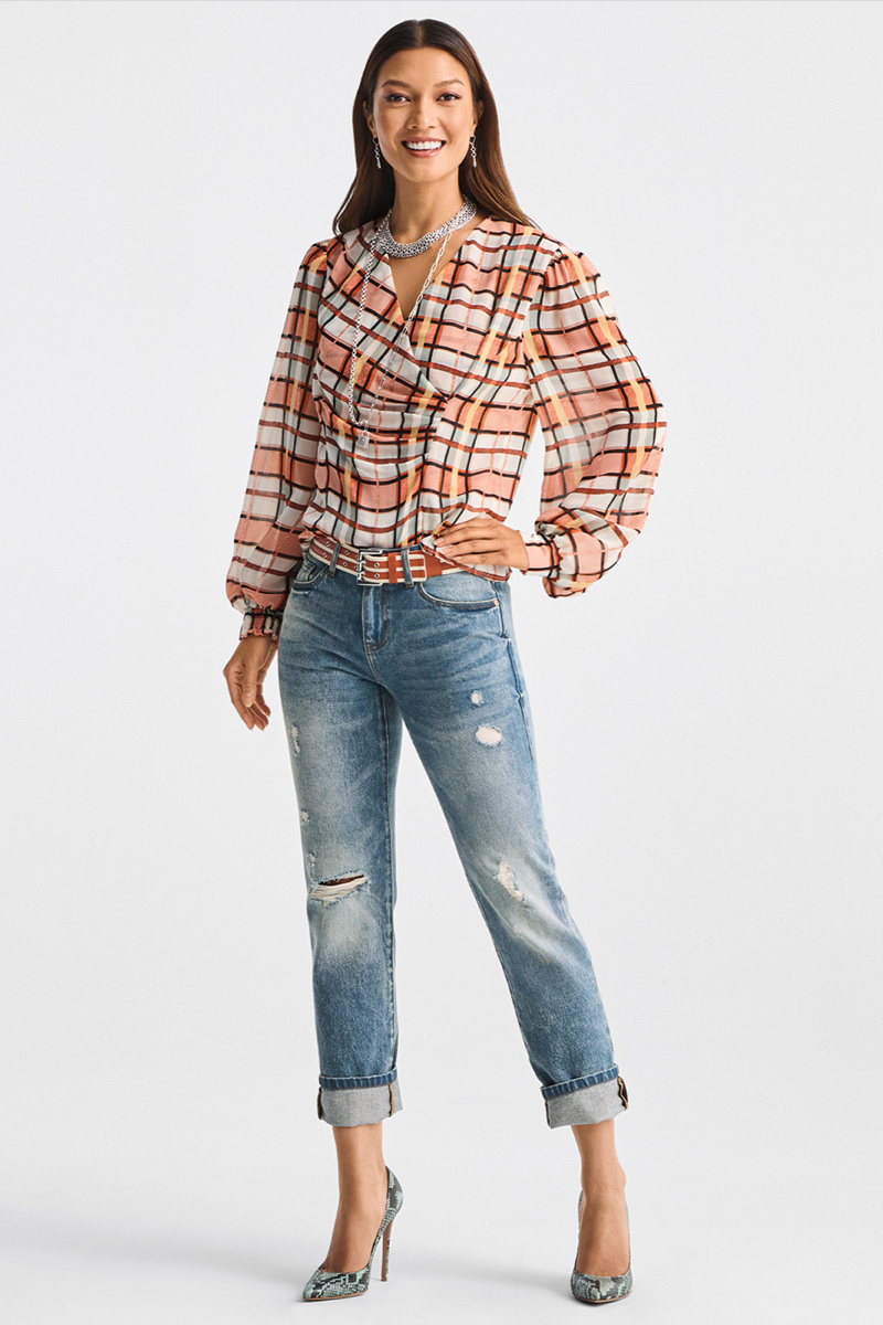 Model wearing Utility Belt in Multi, Lock-It Necklace in Silver, Collar Necklace in Silver, Lock-It Earrings in Silver, Malibu Jean in Dreamweaver Wash, Whist Blouse in Painted Plaid