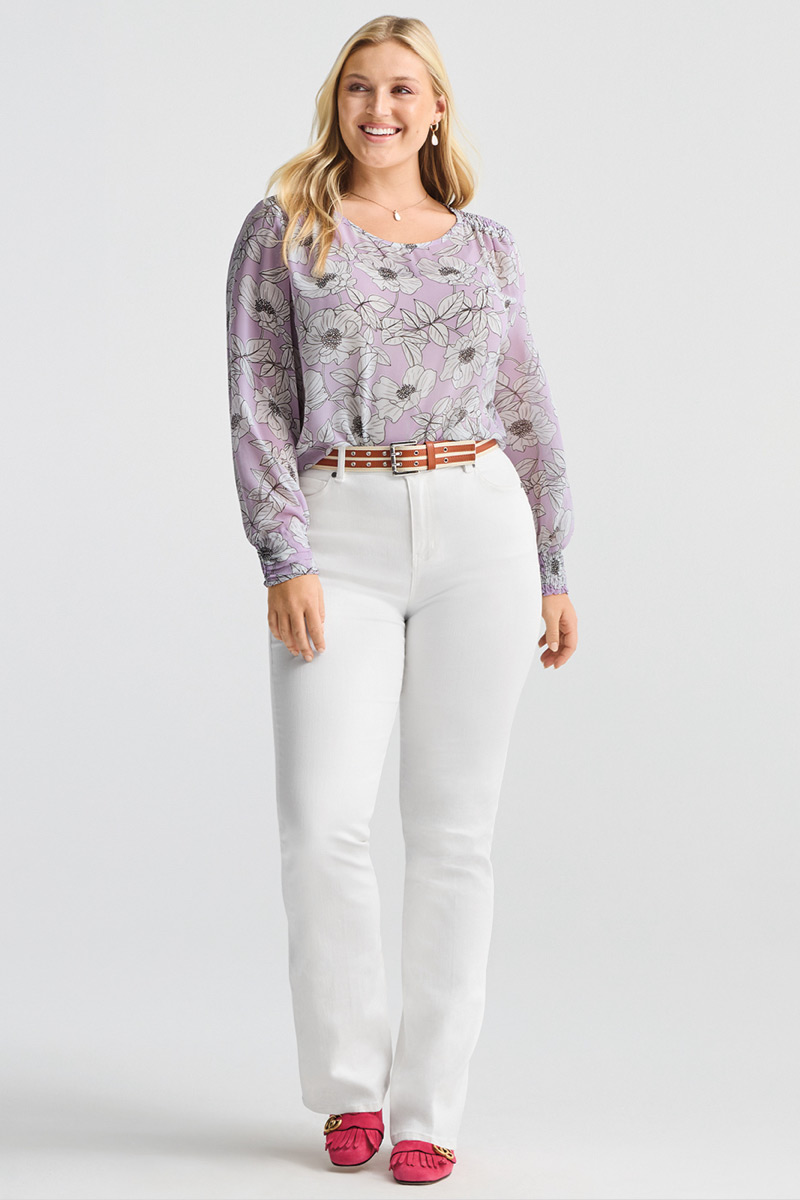 Model wearing Lagoon Necklace in Gold, Lagoon Earrings in Gold, Utility Trouser in Multi, Poppy Blouse in Discreet Floral, 5th Ave Jean in White