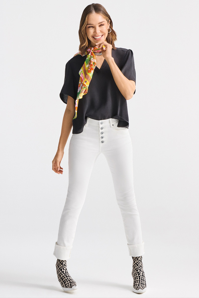 Model wearing Romance Scarf in Floating Flowers, Button Fly Straight in White, Collar Hoop Earrings in Silver, Collar Necklace in Silver, Essential Top in Black