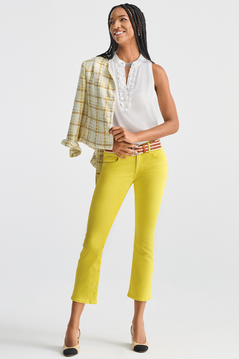 Model wearing Collar Necklace in Silver, Frill Top in White, Utility Belt in Multi, Kick Back Kick Flare in Glow Stick, Coco Jacket in Taliored Plaid