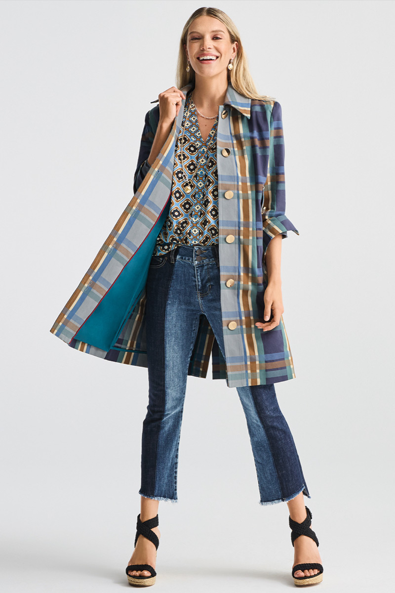Model wearing Timepiece Nacklace in Silver and Gold, Timepiece Earrings in Silver and Gold, Highclere Trench in Modern Plaid, High Low Crop in BLue Ribbon Wash, Two-Timing Top in Tie Print