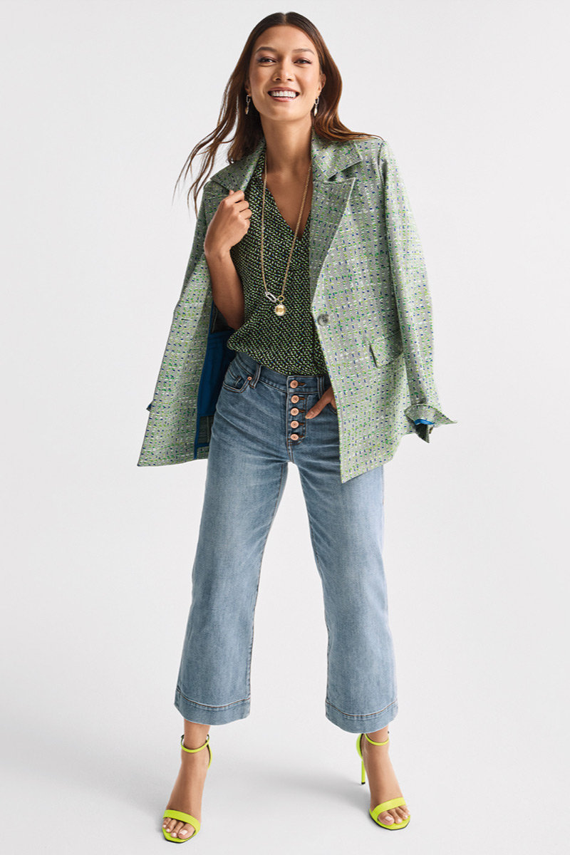 Model wearing Timepiece Nacklace in Silver and Gold, Timepiece Earrings in Silver and Gold, Presentation Blazer in Tweed, Replay Top in Mixed Print, Palm Beach Crop in Dreamweaver Wash