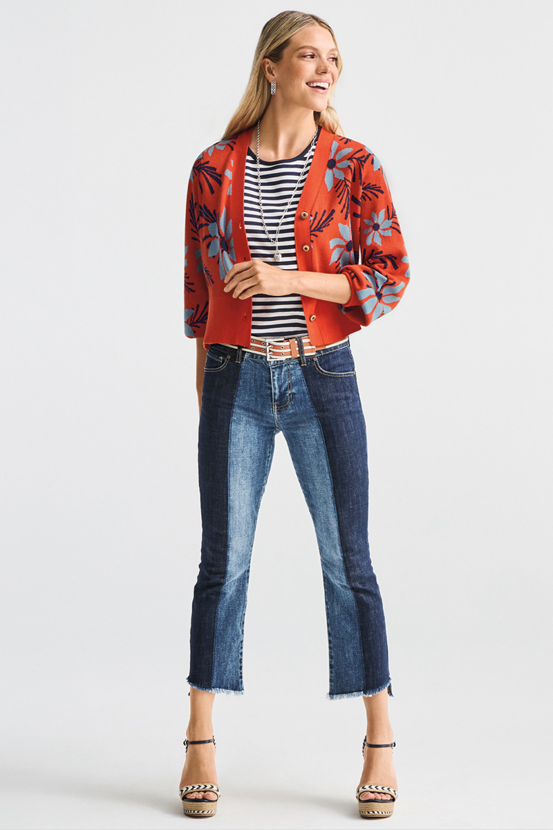 Model wearing Collar Hoop Earrings in Silver, Lock-It Necklace in Silver, Bloom Cardigan in Bloom Flowers, Illusion Tee in Classic Navy and White Stripe, Utility Belt in Multi, High-Low Crop in Blue Ribbon Wash