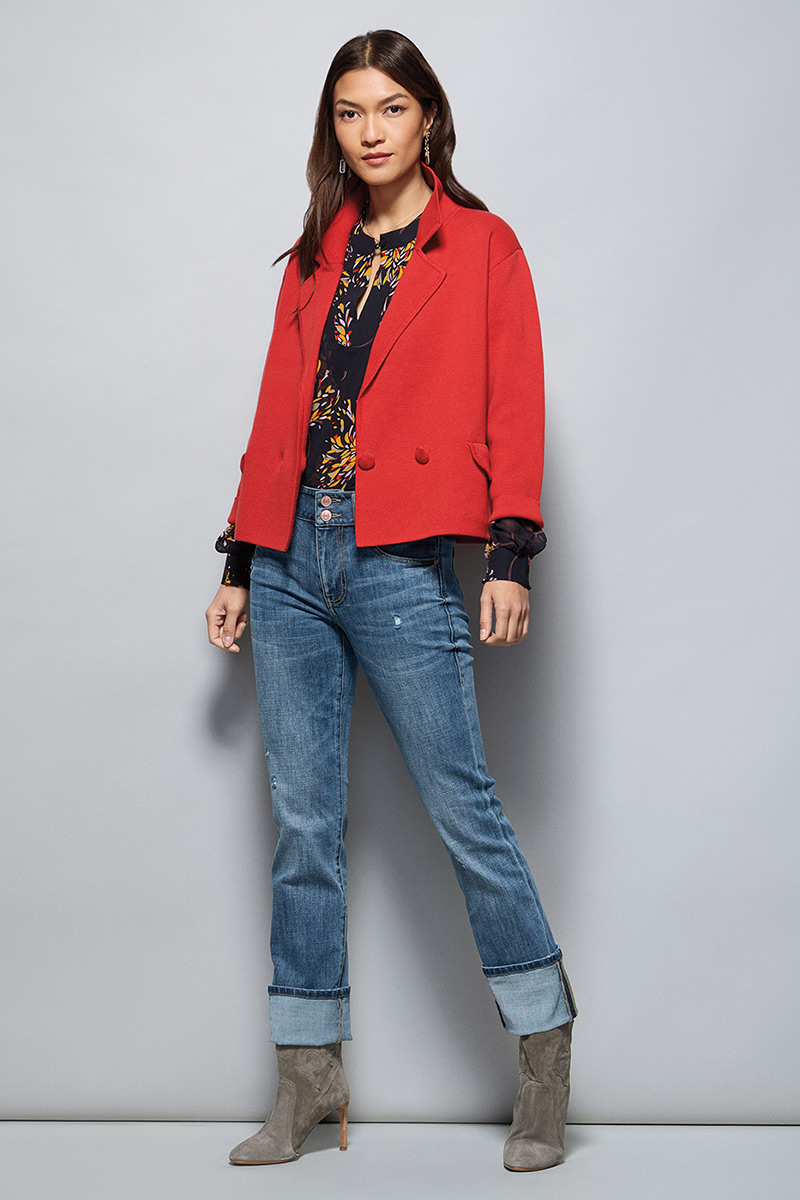 Model Wearing Coronation Cardigan in Cardinal, Fiesta Blouse in Starflower, Malibu Jean in Authentic Wash, Fable Earrings in Gold.