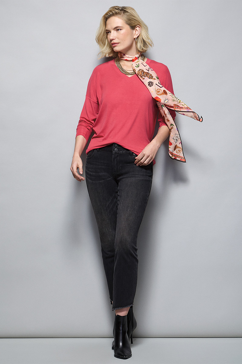 Model Wearing Serenity Tee in Cardinal, High-Low Crop in Washed Black, J'Adore Scarf in Multi, Dream Weaver Necklace in Gold, Dream Earrings in Gold.