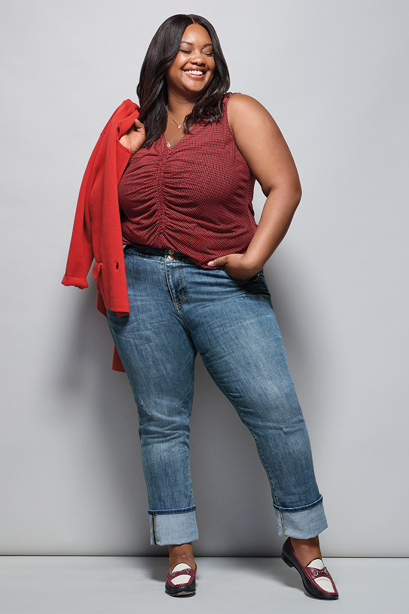 Model Wearing Coronation Cardigan in Cardinal, Sassy Top in Tile Print, Cinch Straight in Vintage Blue, Fable Necklace in Gold.