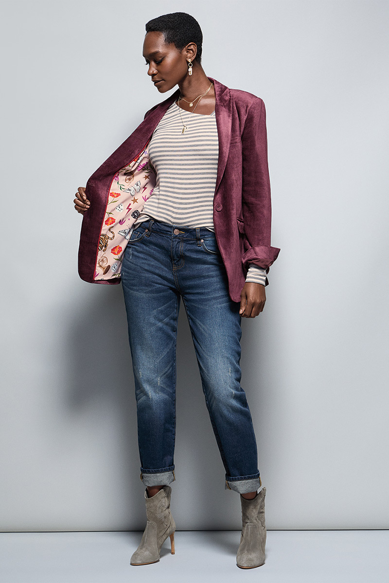 Model Wearing Williams Jacket in Vineyard, Dare Tee in Multi Stripe, Malibu Jean in Authentic Wash, Dream Weaver Necklace in Gold, Dream Earrings in Gold.