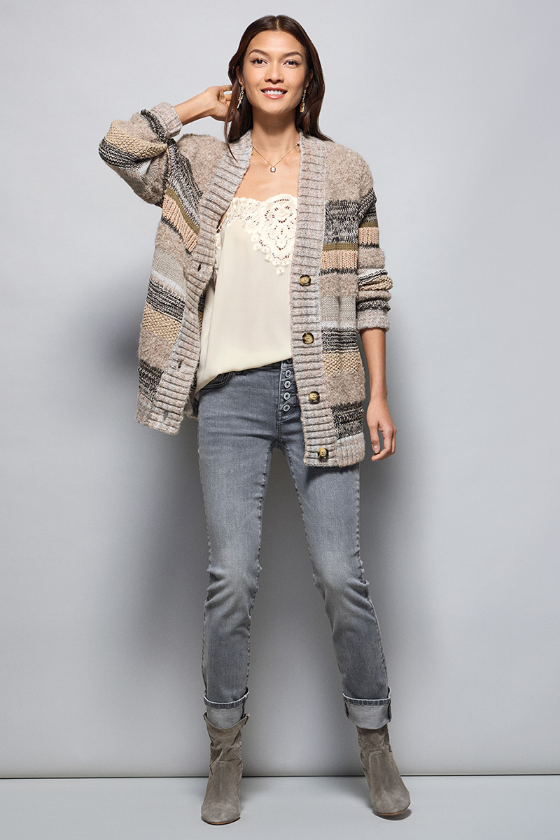 Model Wearing Boyfriend Cardigan in Multi, Baroque Cami in Bone, Button Fly Straight in Steel Gray, Fable Necklace in Gold, Fable Earrings in Gold.