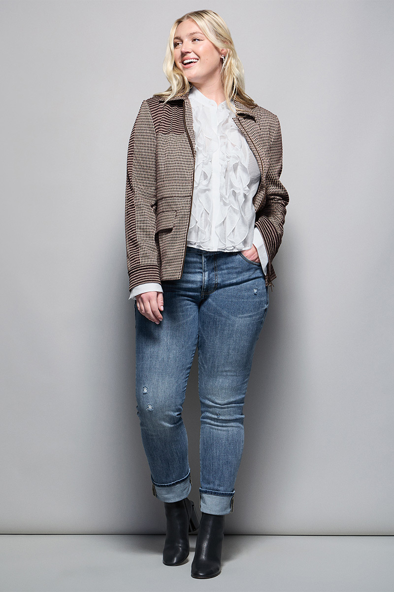 Model Wearing Baron Blazer in Houndstooth, Noble Blouse in White, Cinch Straight in Vintage Blue, ID Earrings in Silver.