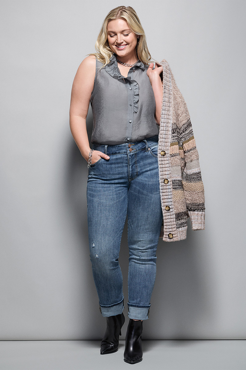 Model Wearing Boyfriend Cardigan in Multi, Coin Top in Gray, Cinch Straight in Vintage Blue, ID Necklace in Silver.