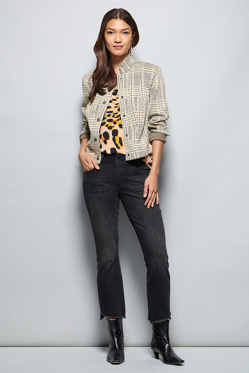 Model Wearing Travel Jacket in Plaid, Josie Top in Skin Print, High-Low Crop in Washed Black, Fable Necklace in Gold, Fable Earrings in Gold.