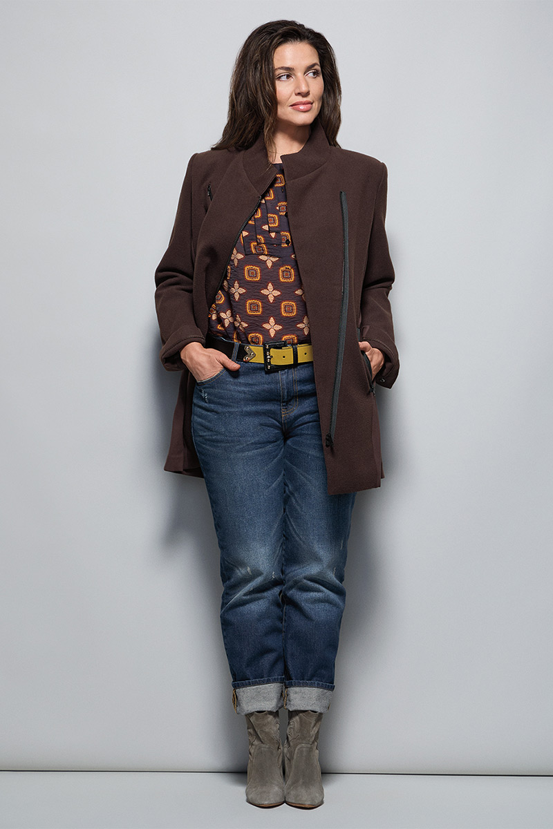 Model Wearing Legacy Topper in Dark Chocolate, Louis Top in Medallion Print, Malibu Jean in Authentic Wash, Ornament Belt in Black Combo 