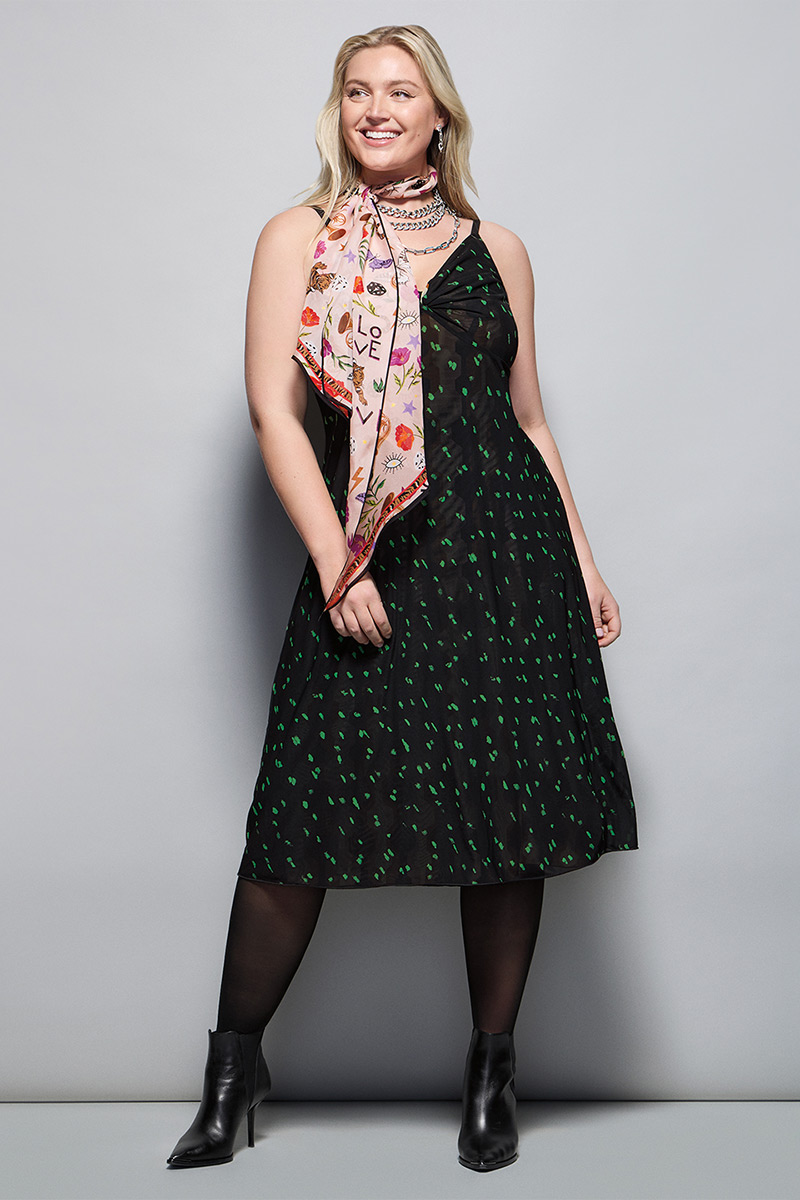 Model Wearing Trophy Dress in Mixed Print, J'Adore Scarf in Multi, ID Earrings in Silver, ID Necklace in Silver.