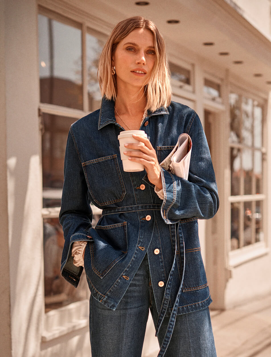 Model wearing the Barn Jacket in denim from the Fall 2025 Collection