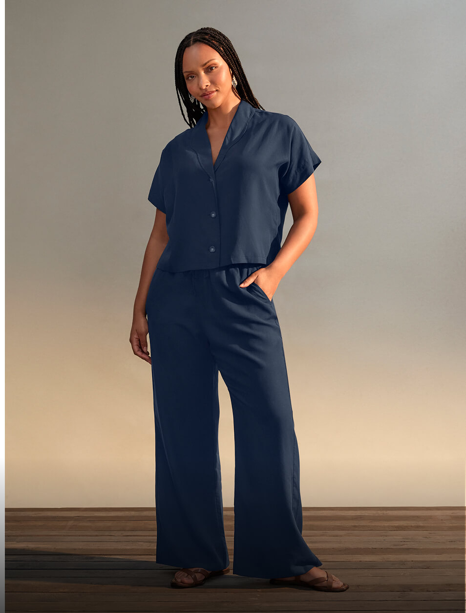 Female wearing matching tops and bottoms set