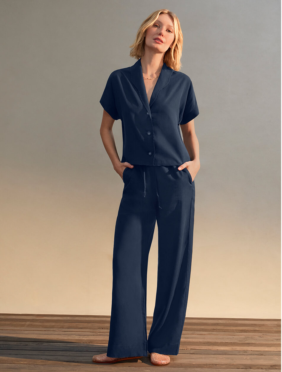 Female wearing matching tops and bottoms set